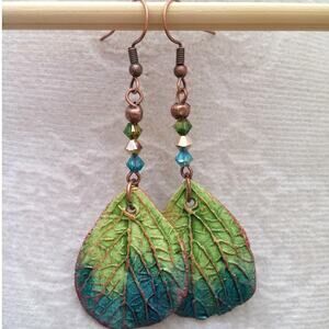 Textured Green Blue Leaf Earrings Artisan Statement Dangles Hand Painted Copper
